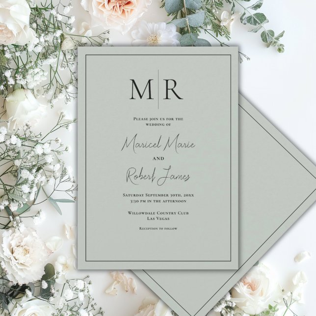 Elegante Grüne Monogramm Moderne Hochzeit Einladung (Von Creator hochgeladen)