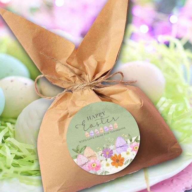 Elegante Grüne Pastel Wildblumen Happy Oaster Runder Aufkleber (Von Creator hochgeladen)