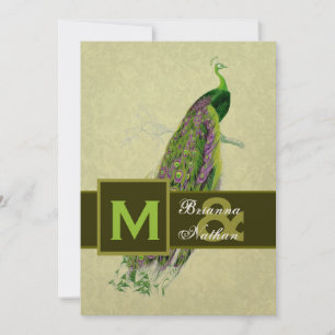 Elegante grüne Pfauenhochzeit Einladung