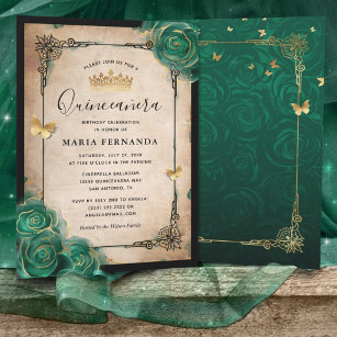Elegante grüne Rose Goldene Quinceanera Einladung