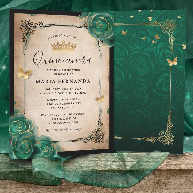 Elegante grüne Rose Goldene Quinceanera Einladung (Von Creator hochgeladen)