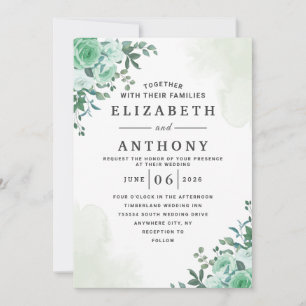 Elegante Grüne Rosen Florale Wasserfarbe Hochzeit Einladung
