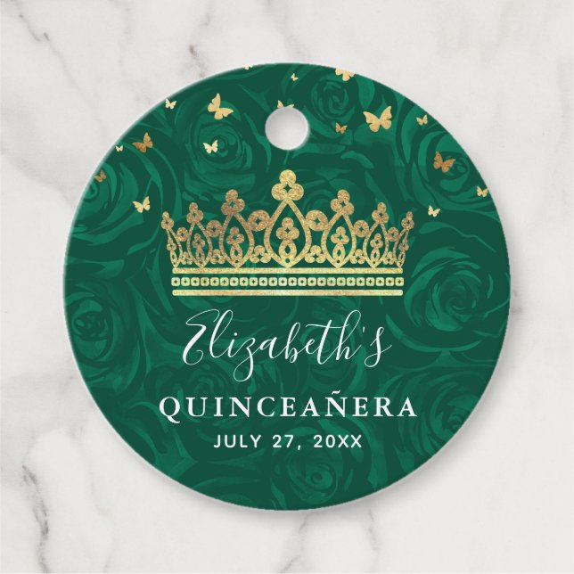 Elegante grüne Rosen- und Goldkronen-Dankesgabe Geschenkanhänger (Vorderseite)