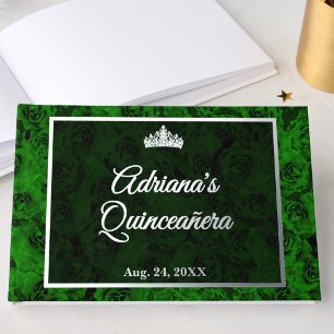 Elegante grüne Rosenblumen-Quinceanera-Silber Gästebuch