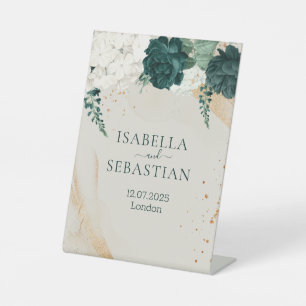 Elegante grüne Rosenhochzeit in Roségold Sockelschild