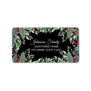 Elegante, grüne rote Beeren schwarz Adressaufkleber