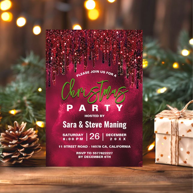 Elegante grüne rote Imitate Glitzer Tropfen Weihna Einladung (Von Creator hochgeladen)