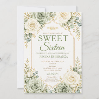 Elegante Grüne Salbei-Rose Sweet Sixteen Geburtsta Einladung