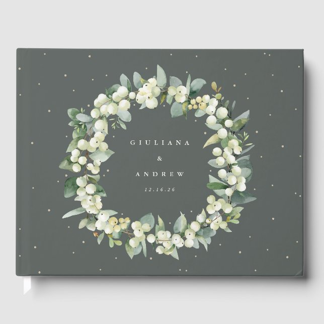 Elegante grüne Snowberry+Eucalyptus Wreath Wedding Gästebuch (Vorderseite)