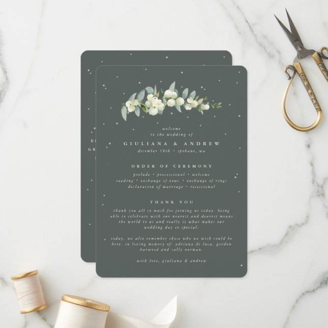 Elegante grüne Snowberry+Eukalyptus Stem Wedding Programm (Vorderseite/Rückseite Beispiel)