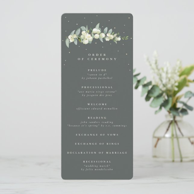 Elegante grüne Snowberry+Eukalyptus Stem Wedding Programm (Stehend Vorderseite)