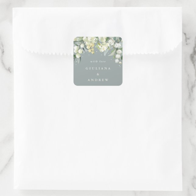 Elegante grüne Snowberry+Eukalyptus Wedding Quadratischer Aufkleber (Tasche)