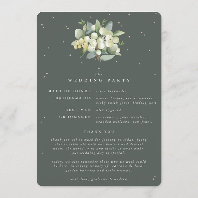 Elegante grüne Snowberry+Eukalyptus Winter Wedding Programm (Rückseite)