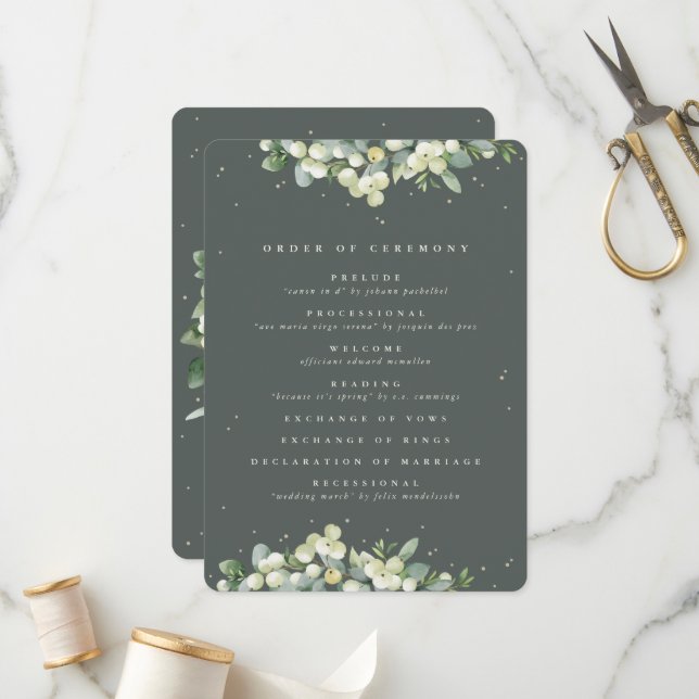 Elegante grüne Snowberry+Eukalyptus Winter Wedding Programm (Vorderseite/Rückseite Beispiel)