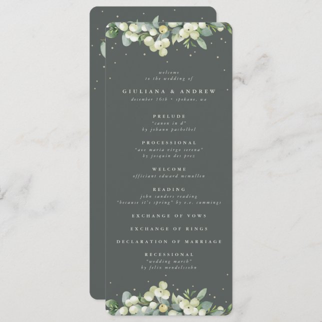 Elegante grüne Snowberry+Eukalyptus Winter Wedding Programm (Vorne/Hinten)