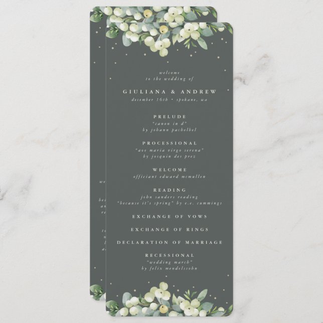 Elegante grüne Snowberry+Eukalyptus Winter Wedding Programm (Vorne/Hinten)