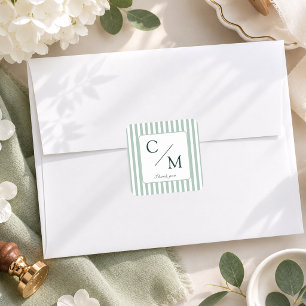 Elegante grüne Streifen-Monogramm-Hochzeit Quadratischer Aufkleber