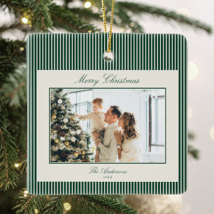 Elegante grüne Streifen Weihnachtsfoto Keramikornament
