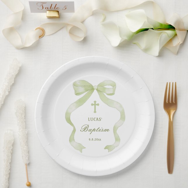 Elegante grüne Taufe mit Schleife Pappteller (Hochzeit)