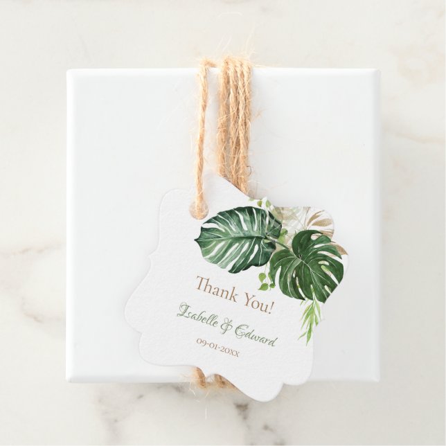 Elegante grüne Tropical Monstera Blätter Hochzeit Geschenkanhänger (Beispiel)