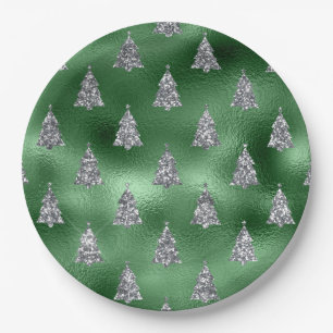 Elegante grüne und falsche silberne Weihnachtsbäum Pappteller