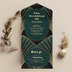 Elegante grüne und goldene Art Deco Hochzeit All In One Einladung