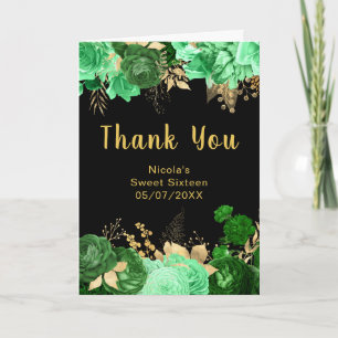 Elegante grüne und goldene Blumen Sweet Sixteen Dankeskarte