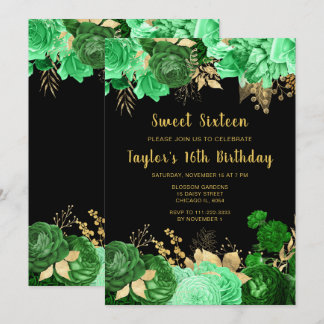 Elegante grüne und goldene Blumen Sweet Sixteen Einladung