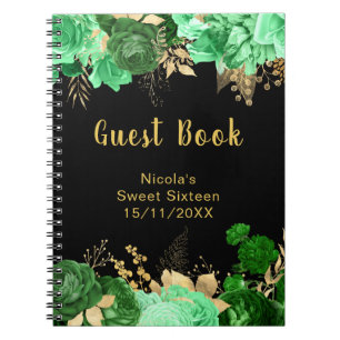 Elegante grüne und goldene Blumen Sweet Sixteen Notizblock