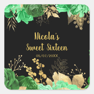 Elegante grüne und goldene Blumen Sweet Sixteen Quadratischer Aufkleber