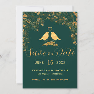 Elegante grüne und goldene Blumen Vögel Benutzerde Save The Date
