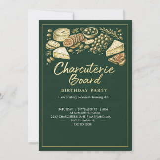 Elegante grüne und goldene Charcuterie-Board-Gebur Einladung