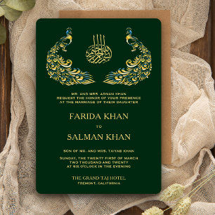 Elegante grüne und goldene Pfauen-Hochzeit islamis Einladung