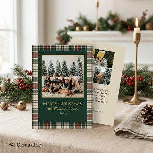 Elegante grüne und rote karierte Weihnachtsfamilie Folien Feiertagskarte