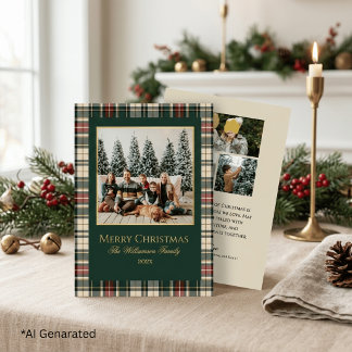 Elegante grüne und rote karierte Weihnachtsfamilie Folien Feiertagskarte