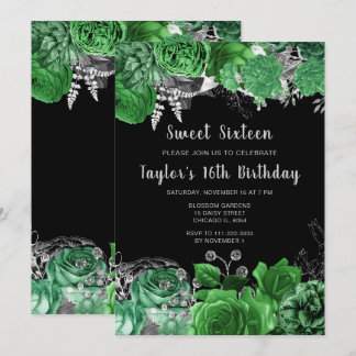 Elegante grüne und silberne Blumen Sweet Sixteen Einladung