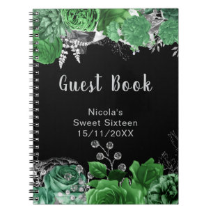 Elegante grüne und silberne Blumen Sweet Sixteen Notizblock