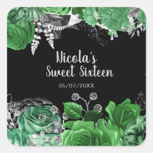 Elegante grüne und silberne Blumen Sweet Sixteen  Quadratischer Aufkleber