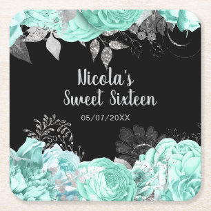 Elegante grüne und silberne Blumen Sweet Sixteen Rechteckiger Pappuntersetzer