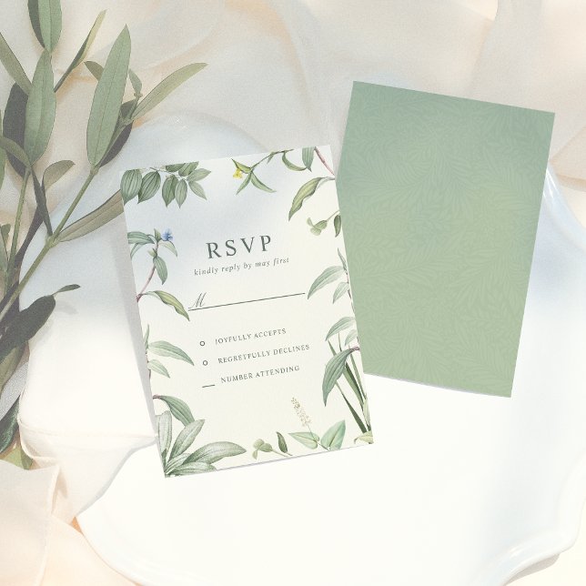Elegante grüne und weiße botanische Blätter Hochze RSVP Karte (Von Creator hochgeladen)