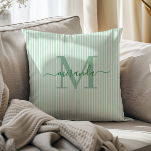 Elegante grüne und weiße Streifen mit Monogramm-Na Kissen