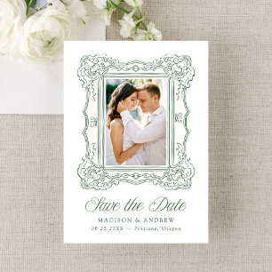 Elegante grüne verzierte Rahmen-Foto-Hochzeit Save The Date