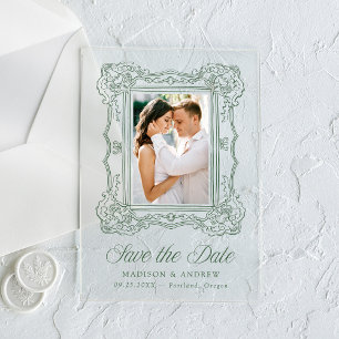 Elegante grüne verzierte Rahmen-Hochzeit Save-the- Acryleinladungen