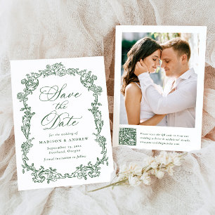 Elegante grüne viktorianische Blumenhochzeit mit Q Save The Date