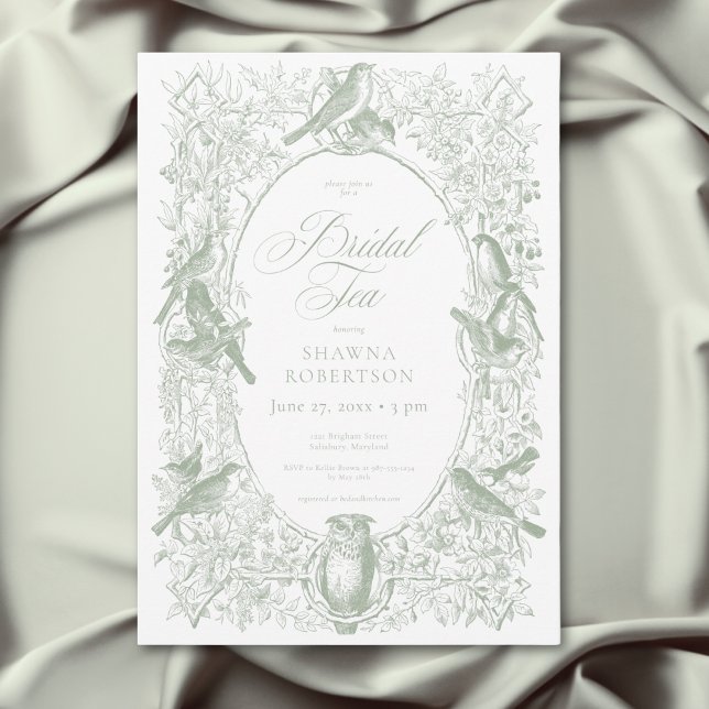 Elegante grüne Vögel Brautdusche Einladung (Elegant Green Chinoiserie Nature Birds Bridal Tea Invitation)