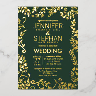 Elegante grüne Wald-Blumen-Hochzeit aus echtem Gol Folieneinladung