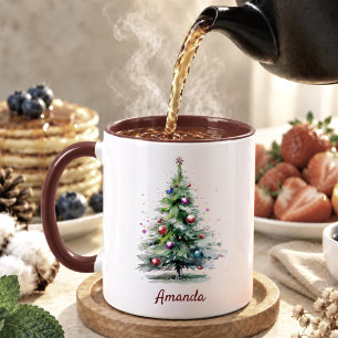 Elegante grüne Wasserfarbe Tannenbaum Weihnachten Zweifarbige Tasse
