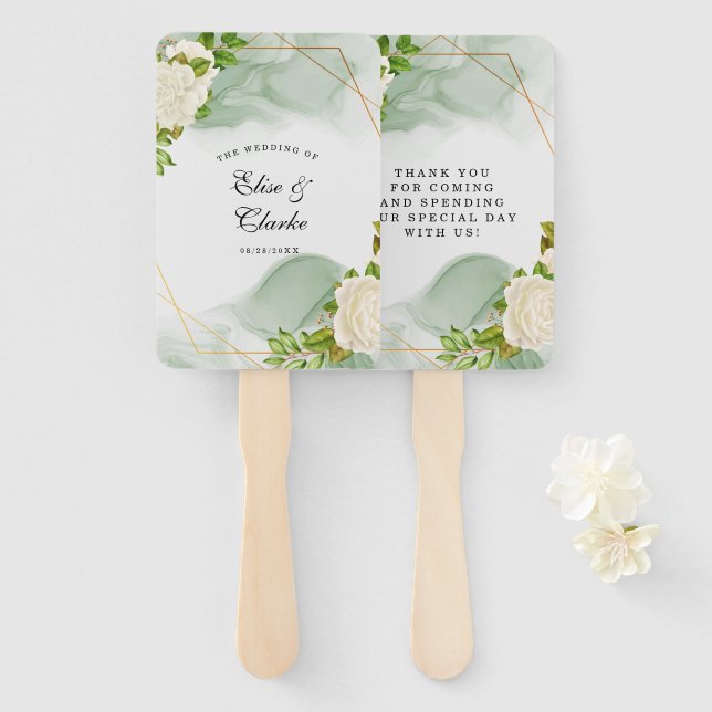 Elegante Grüne Wasserfarbe Weißes Rosen Hochzeit Fächer (Vorne und Hinten)