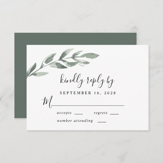 Elegante Grüne Wasserfarbenhochzeit RSVP Karte (Vorne/Hinten)
