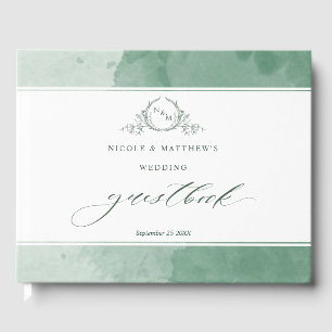 Elegante Grüne Wasserfarbenmonogramm Hochzeit Gästebuch
